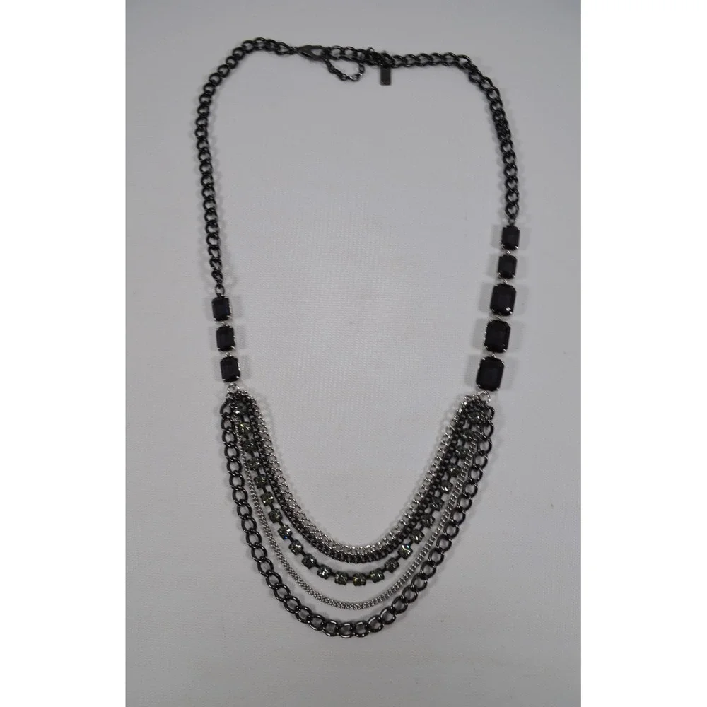 Dark Silver Tone Multi Strand Layer Necklace w/ Clear‎ Rhinestone Accent 35.5